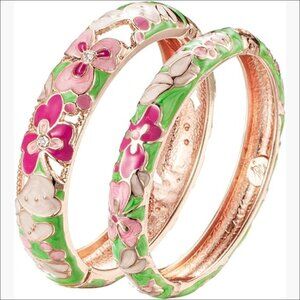Alloy Enamel Flower Bangle Bracelets Set Spring Hinged Opening Clasp